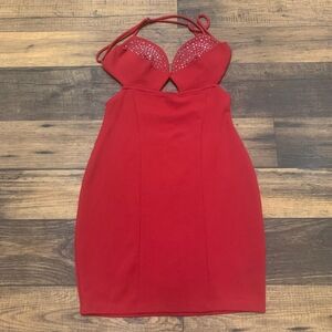 Symphony Stretch Red Embellished Silver Sparkle Party women Dress Sz S, backless